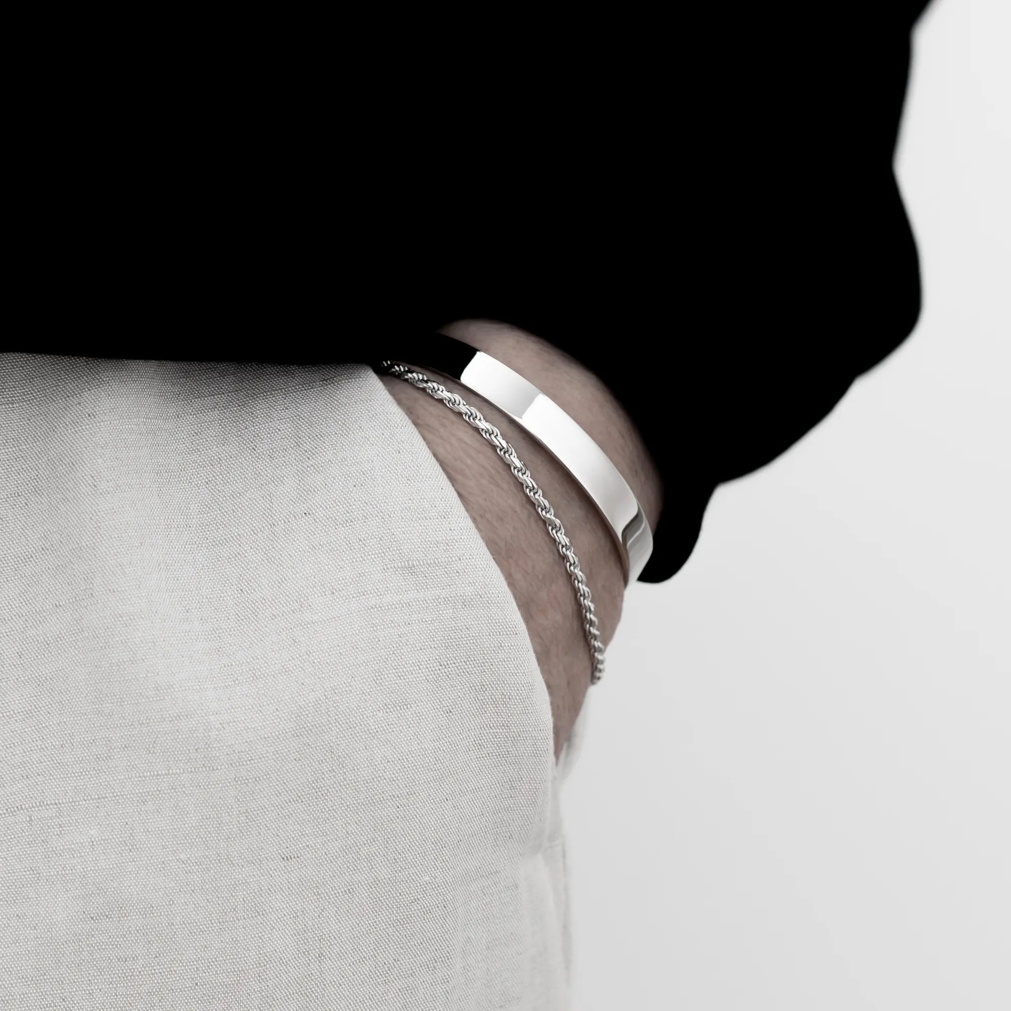 2.5mm Rope Bracelet with 8mm Cuff Bracelet Sterling Silver