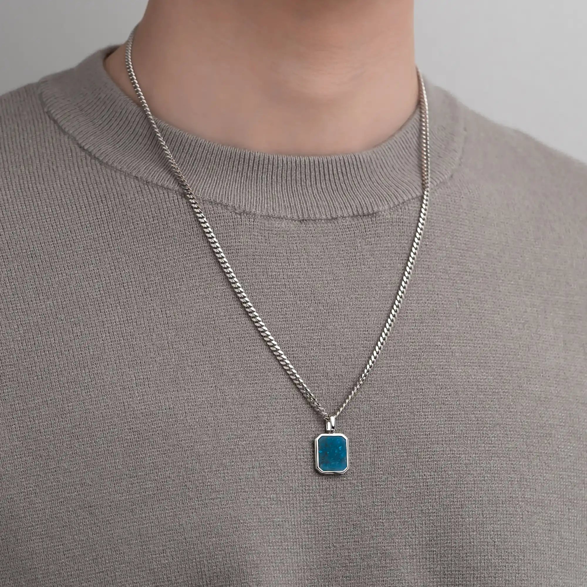 Apatite Pendant with 3mm Cuban Chain in 925 Sterling Silver On Model