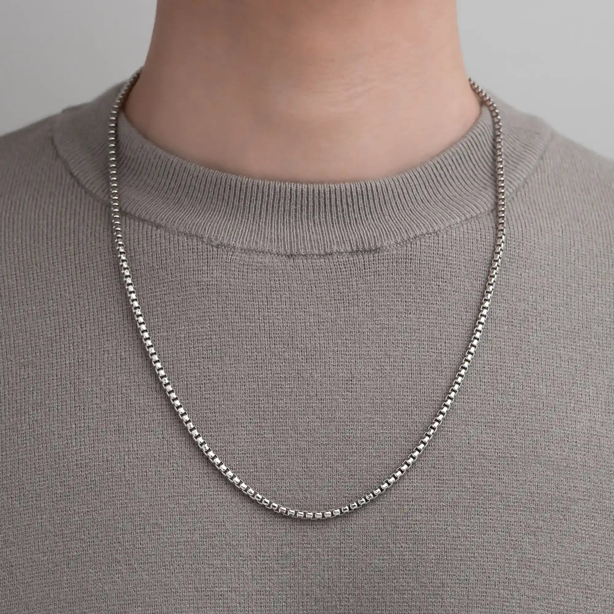 Box Chain 3mm in 925 Sterling Silver on Model - Side