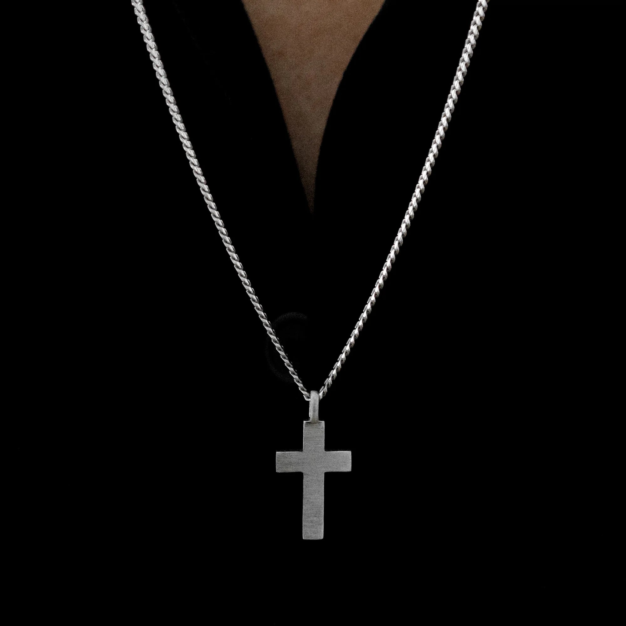 Brushed Cross Pendant Cuban Chain Sterling Silver