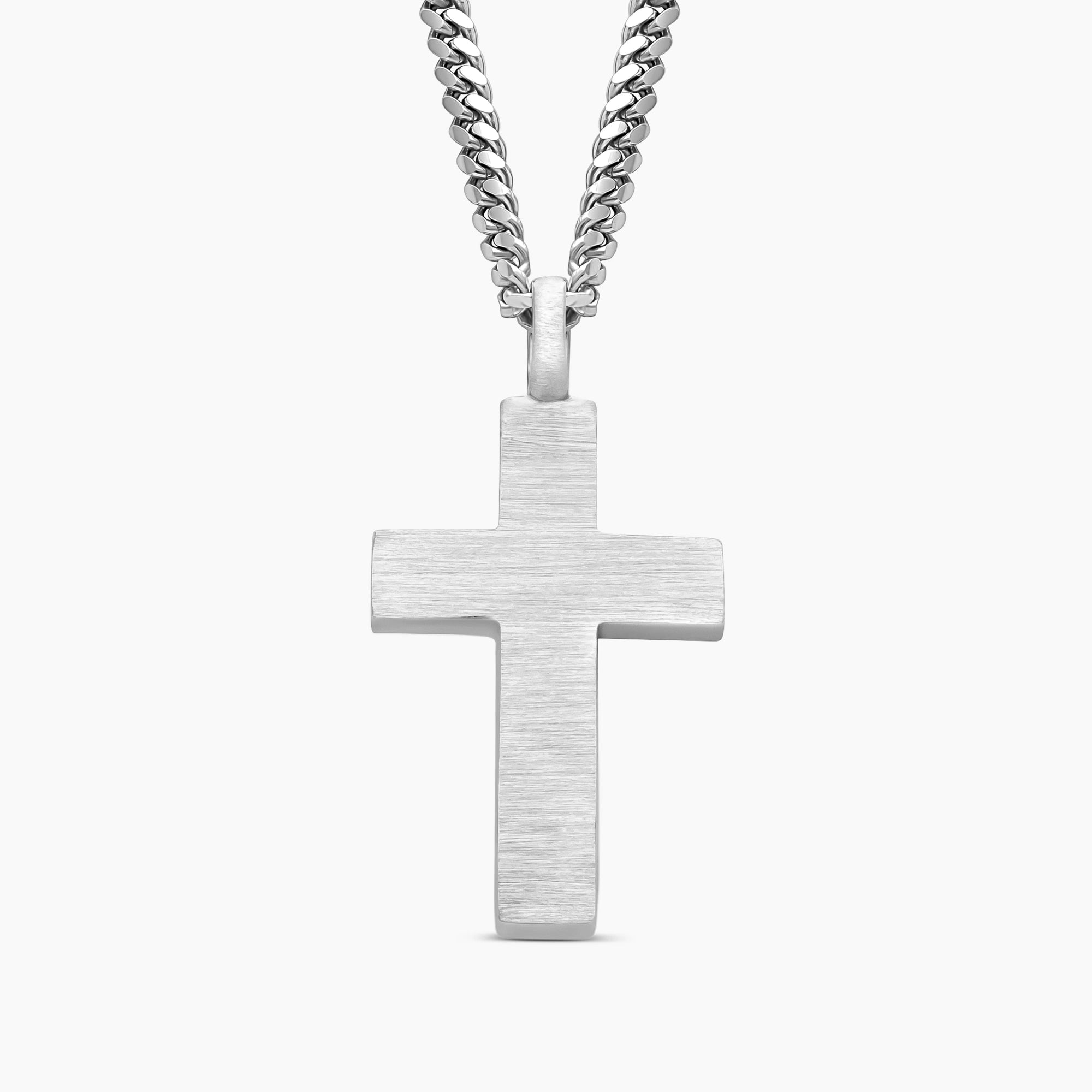 Brushed Cross Pendant with 3mm Cuban Link Chain in 925 Sterling Silver