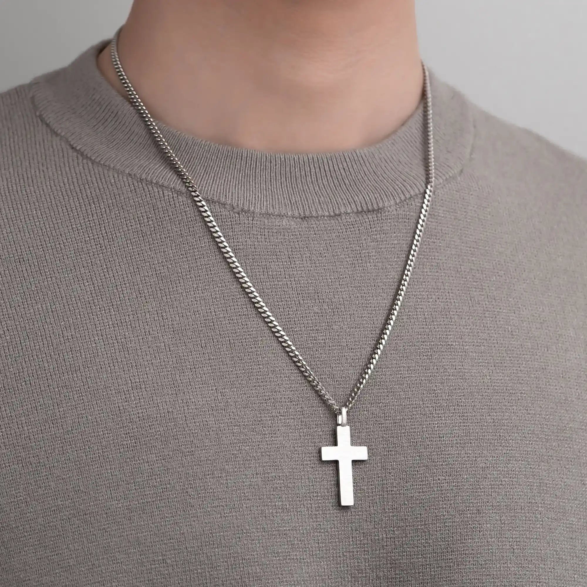 Brushed Cross Pendant with 3mm Cuban Chain in 925 Sterling Silver On Model