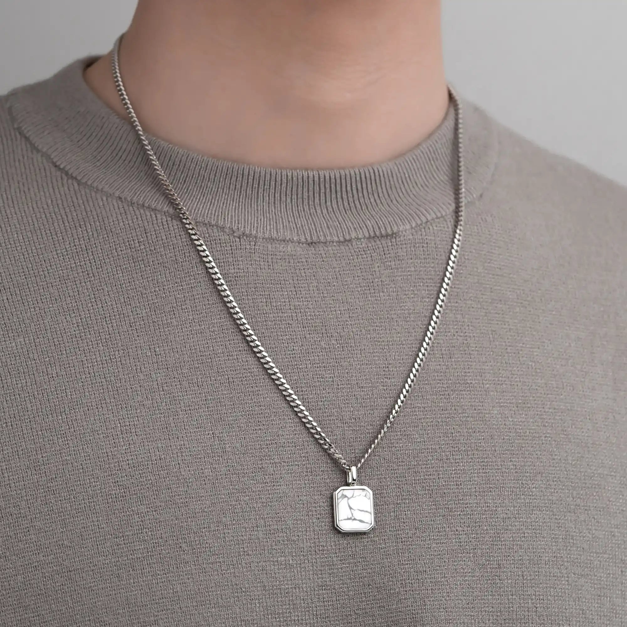 Howlite Pendant with 3mm Cuban Chain in 925 Sterling Silver On Model