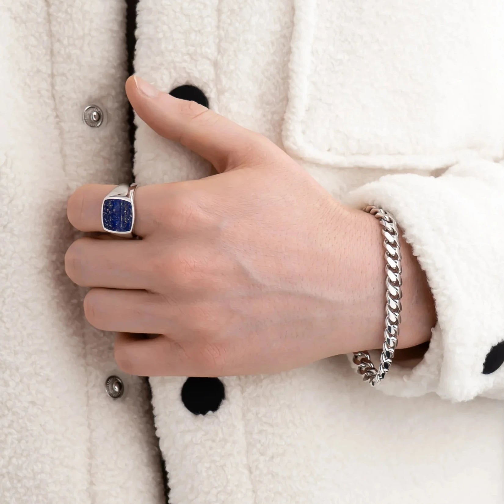 Lapis Lazuli Signet Ring 17mm in 925 Sterling Silver on Model