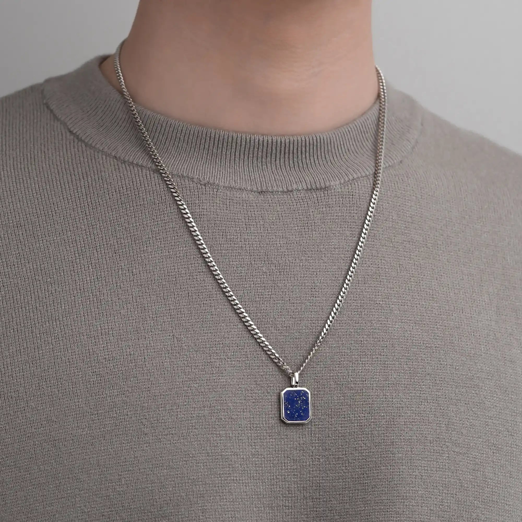 Lapis Lazuli Pendant with 3mm Cuban Chain in 925 Sterling Silver On Model