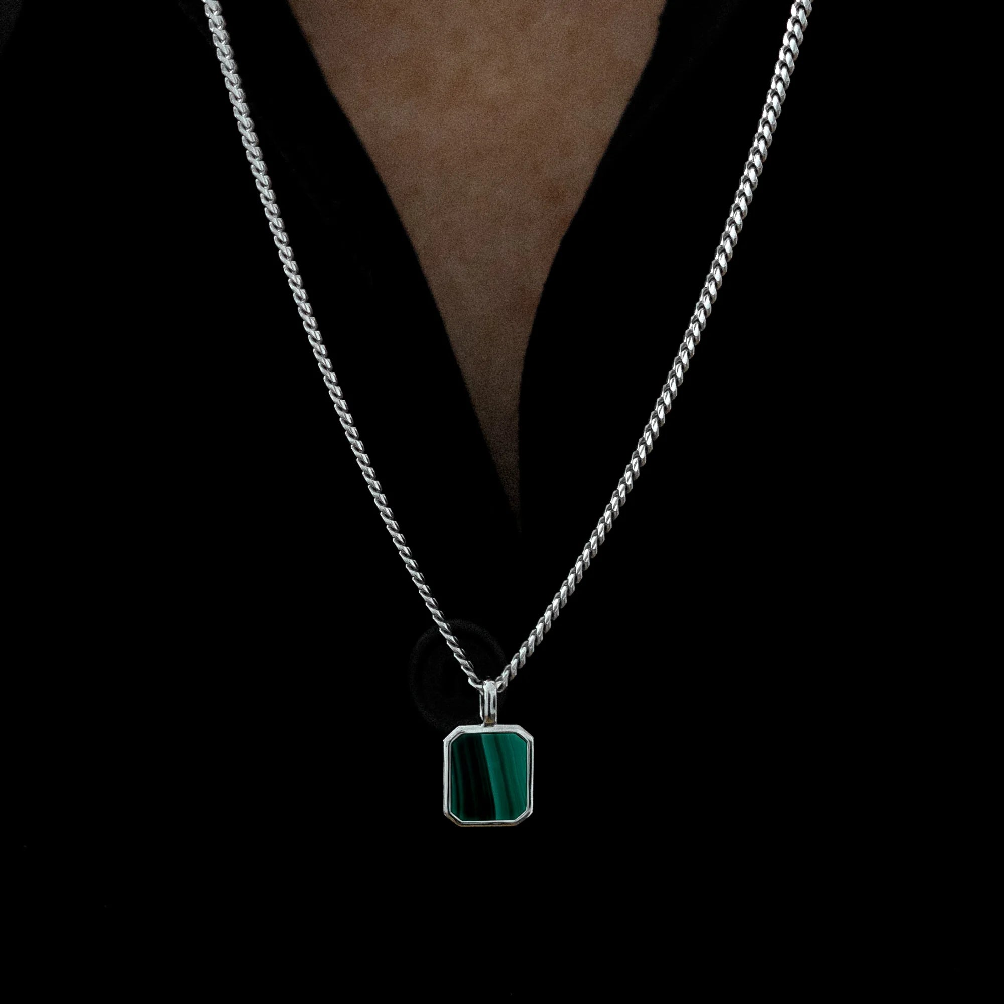 Malachite Pendant Cuban Chain Sterling Silver