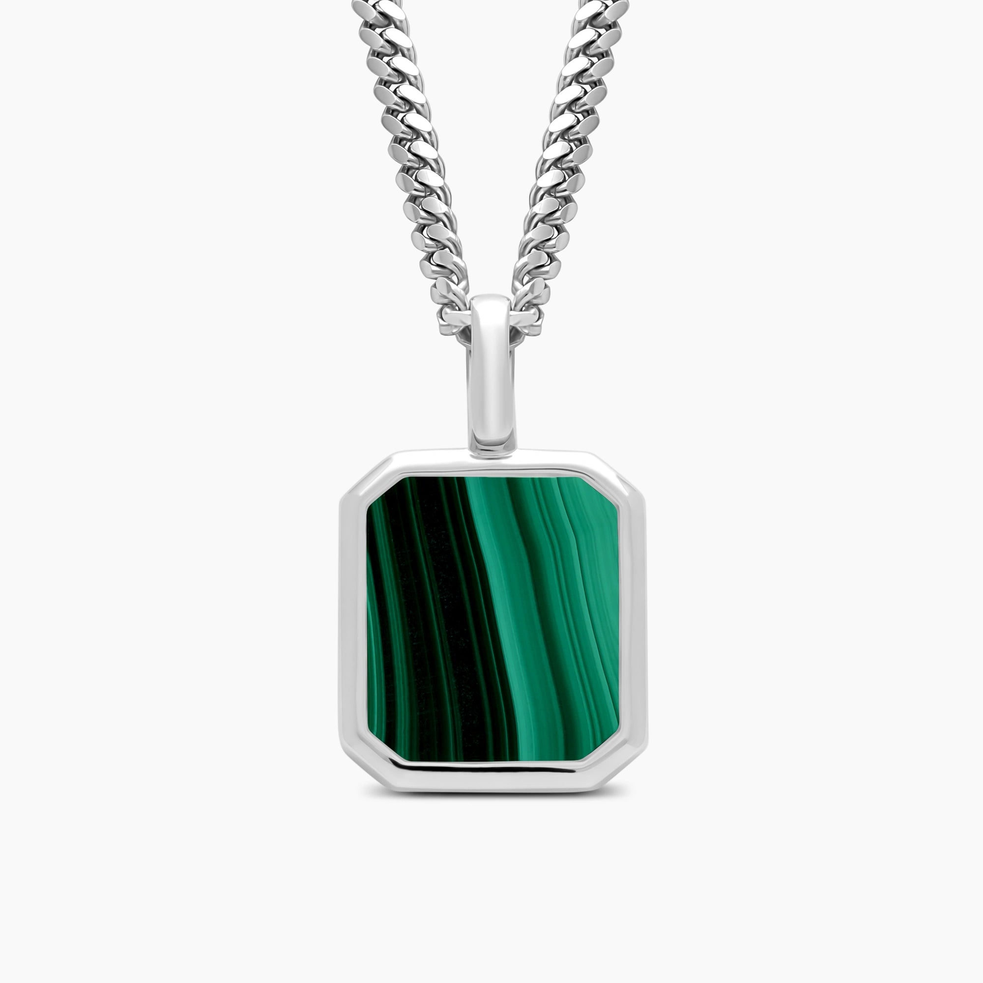 Malachite Pendant with 3mm Cuban Link Chain in 925 Sterling Silver