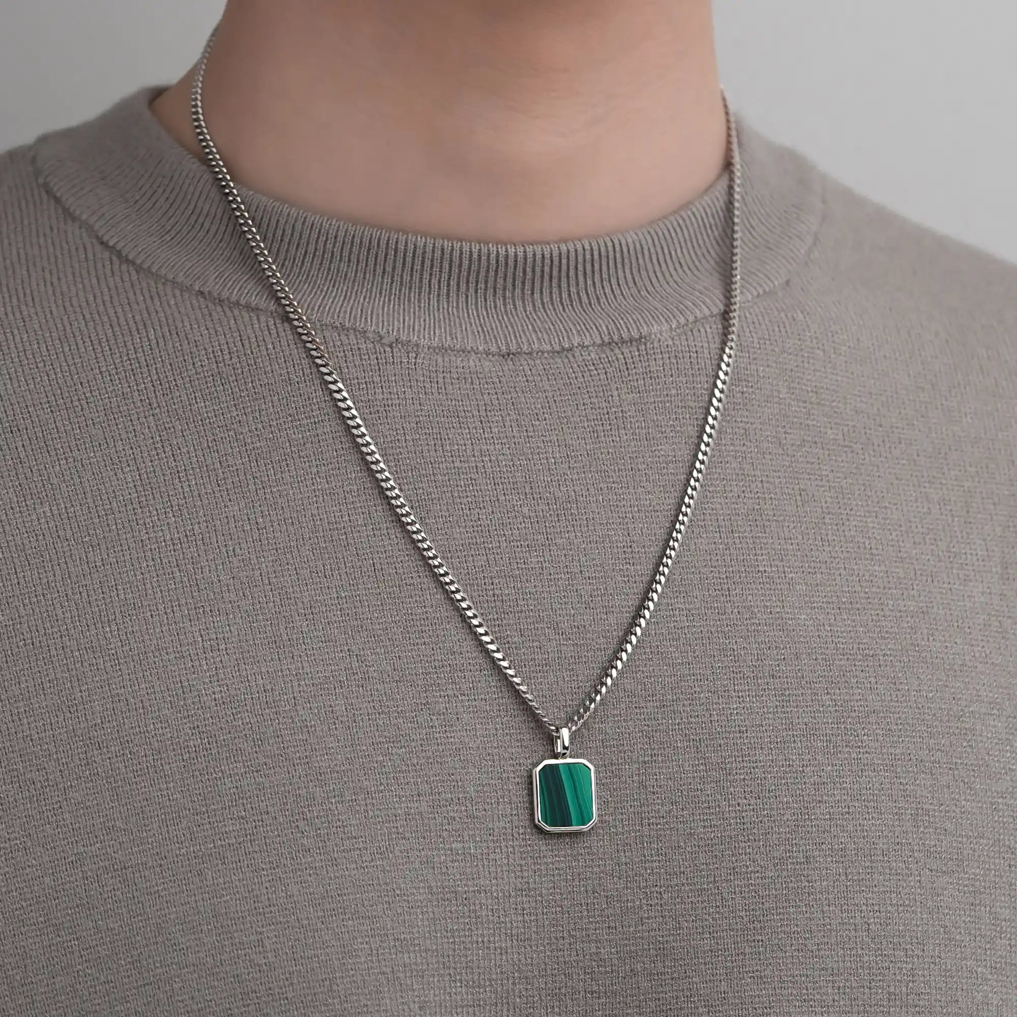 Malachite Pendant with 3mm Cuban Chain in 925 Sterling Silver On Model