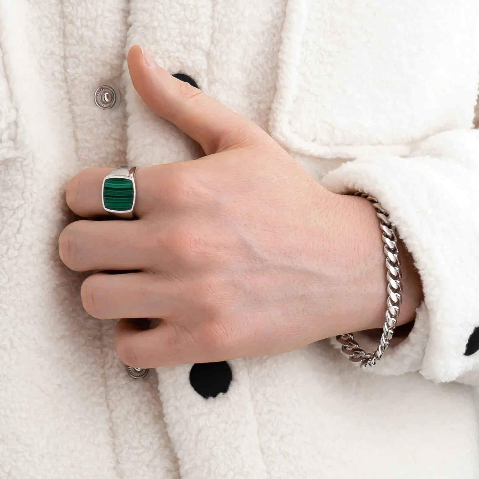 Malachite Signet Ring 17mm in 925 Sterling Silver on Model