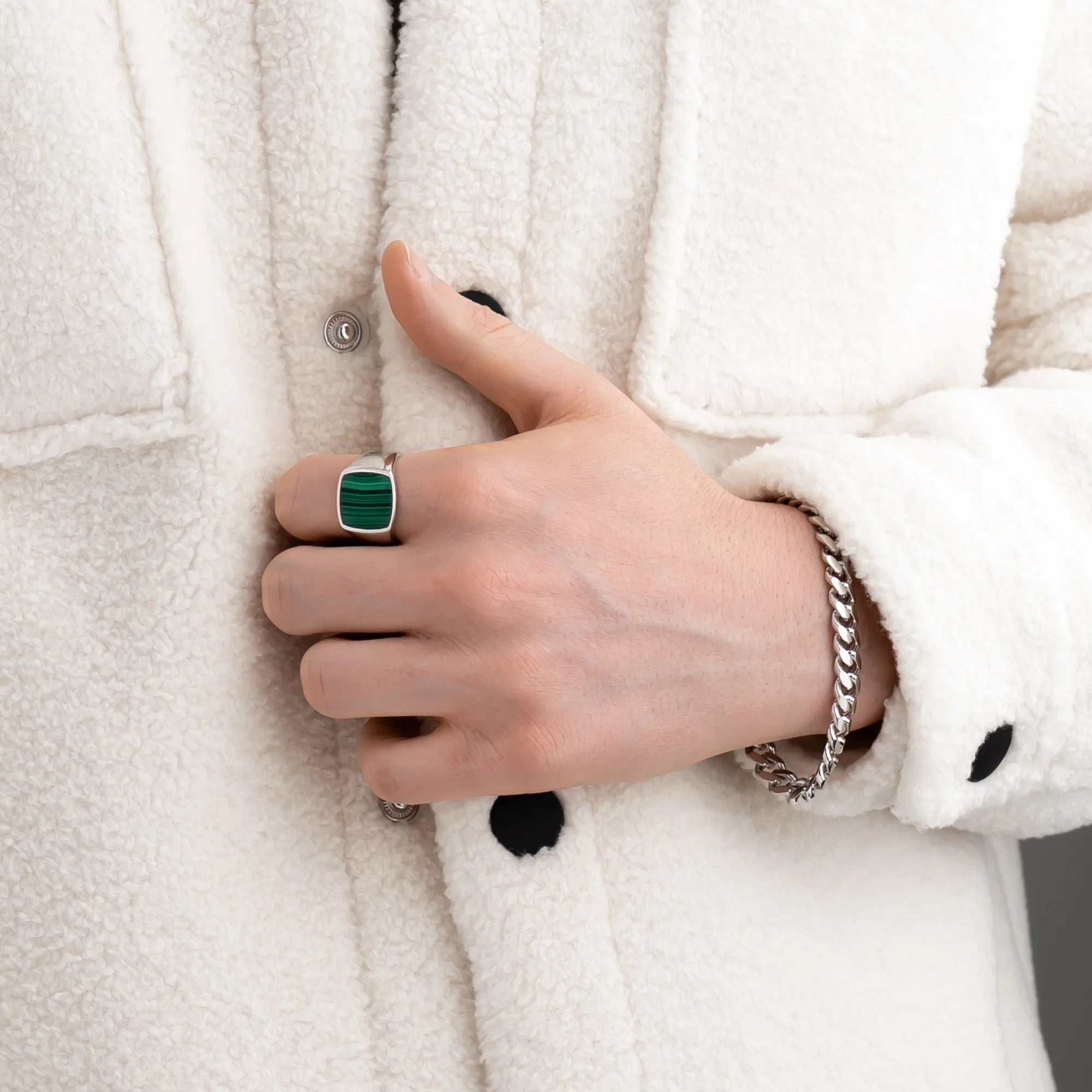 Malachite Signet Ring 17mm in 925 Sterling Silver on Model