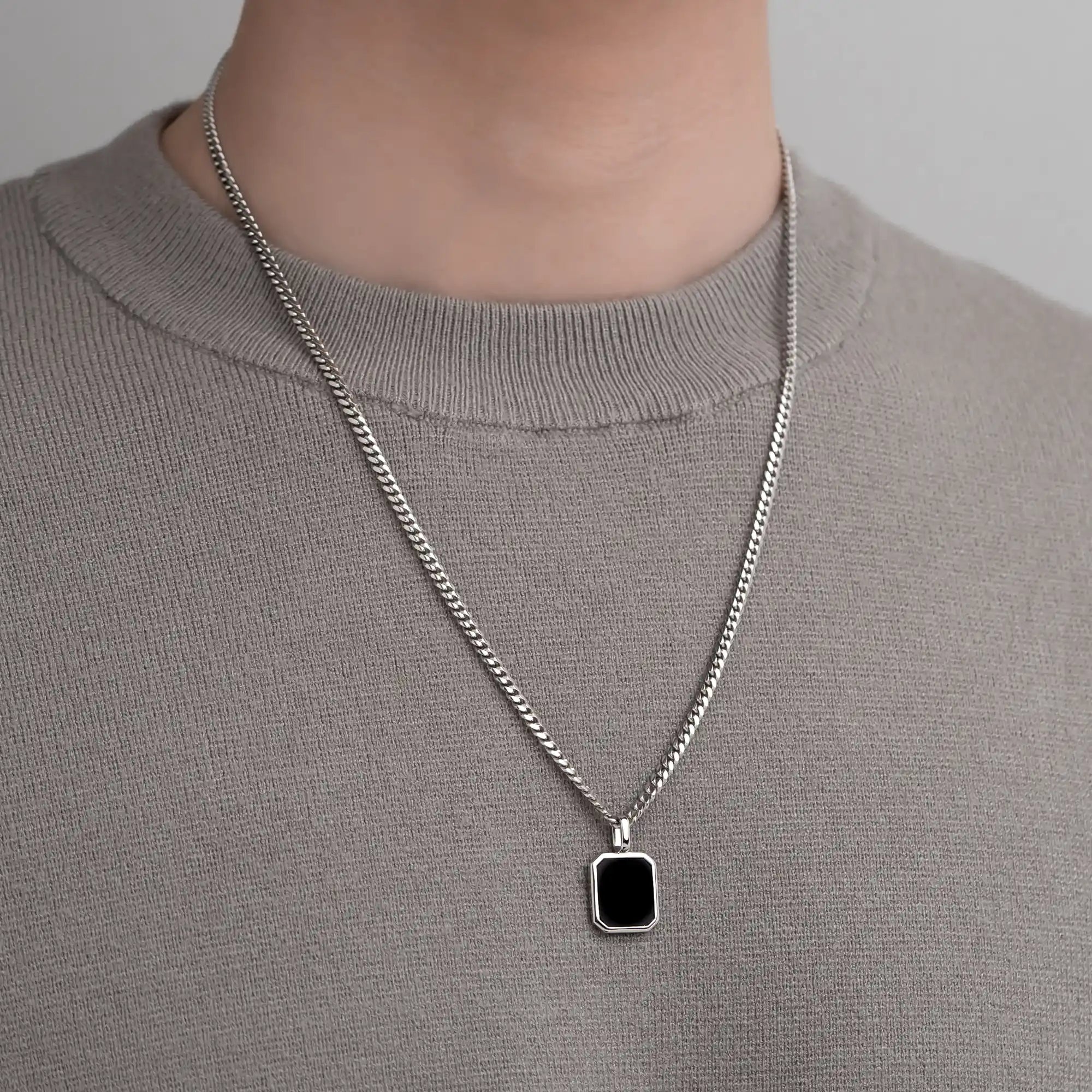 Onyx Pendant with 3mm Cuban Chain in 925 Sterling Silver On Model