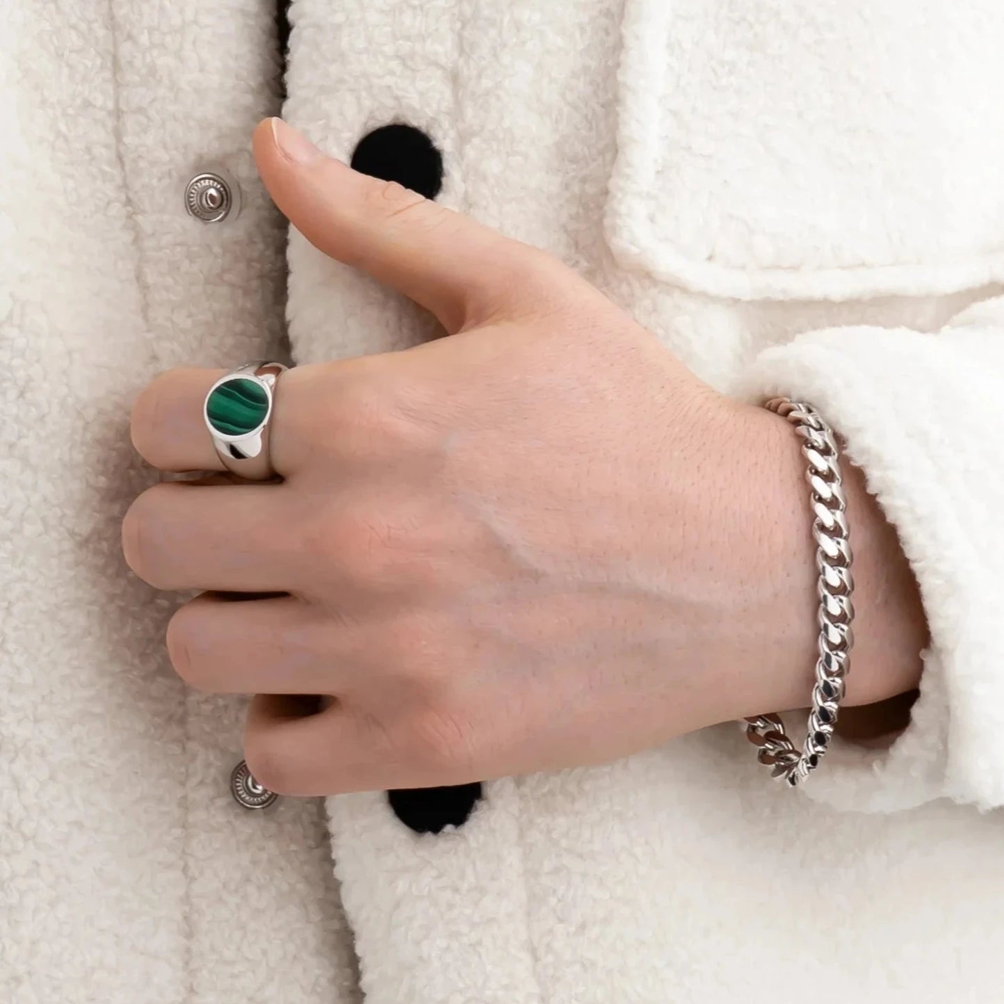 Oval Malachite Signet Ring in 925 Sterling Silver on Model