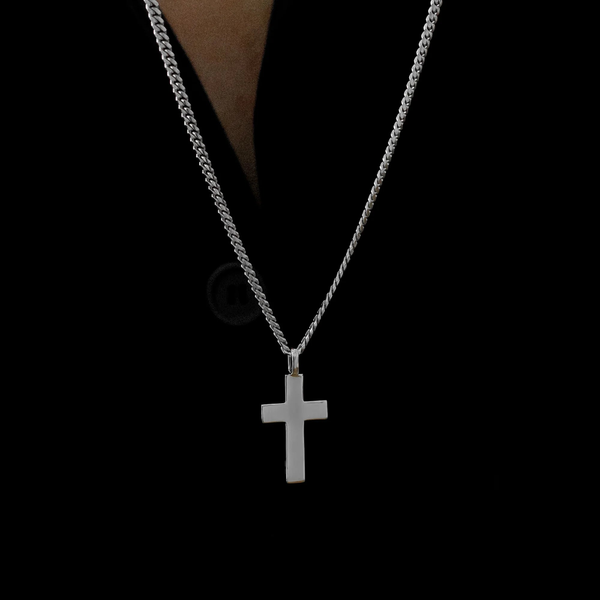 Polished Cross Pendant Cuban Chain Sterling Silver