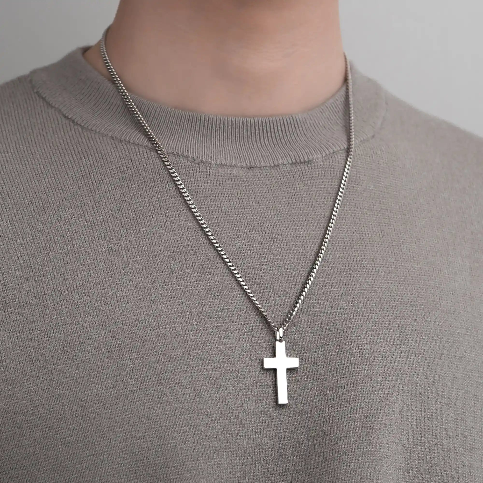 Polished Cross Pendant with 3mm Cuban Chain in 925 Sterling Silver On Model