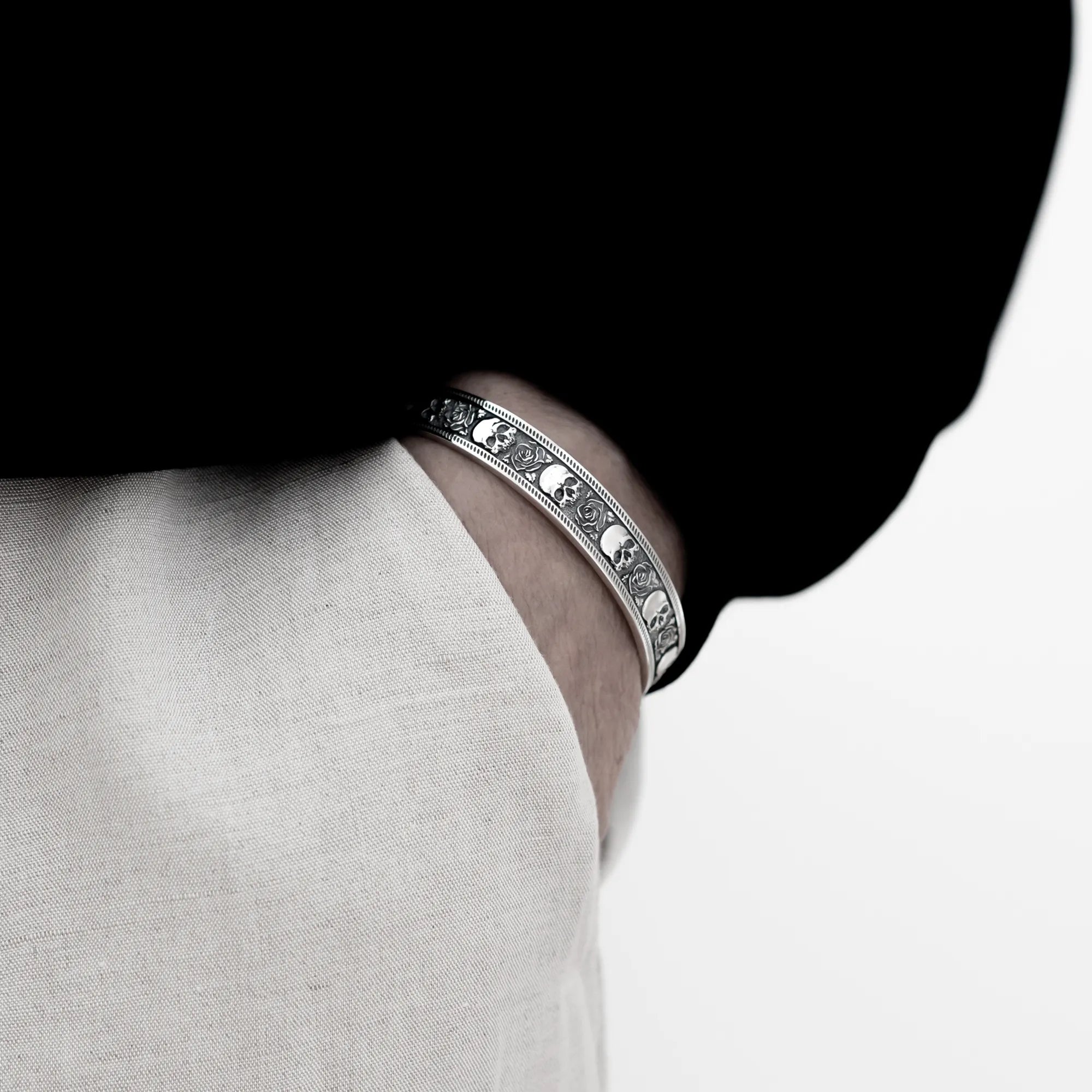 Skull Rose Cuff Bracelet in 925 Sterling Silver