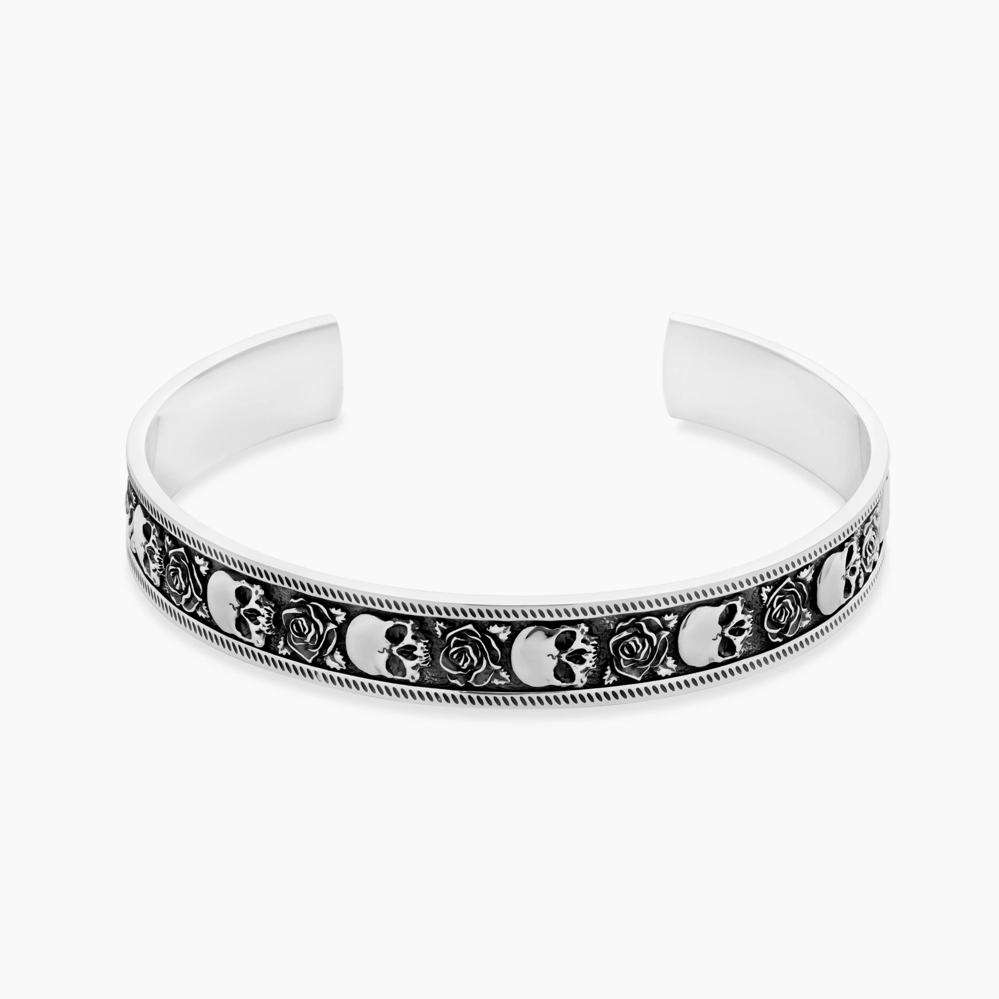 Skull Rose Cuff Bracelet Sterling Silver