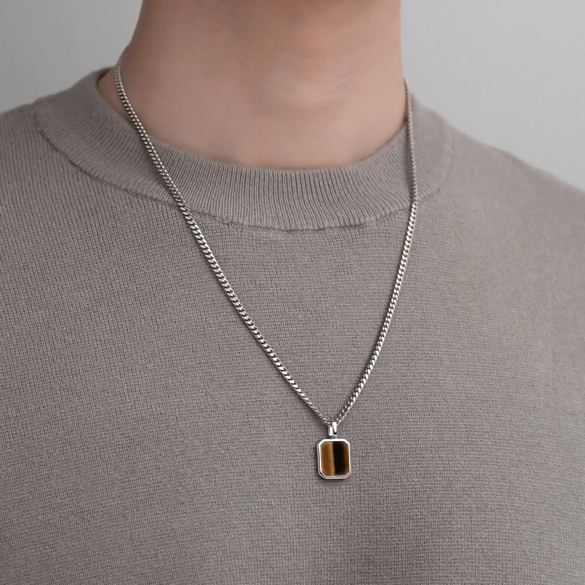 Tiger Eye Pendant with 3mm Cuban Chain in 925 Sterling Silver On Model