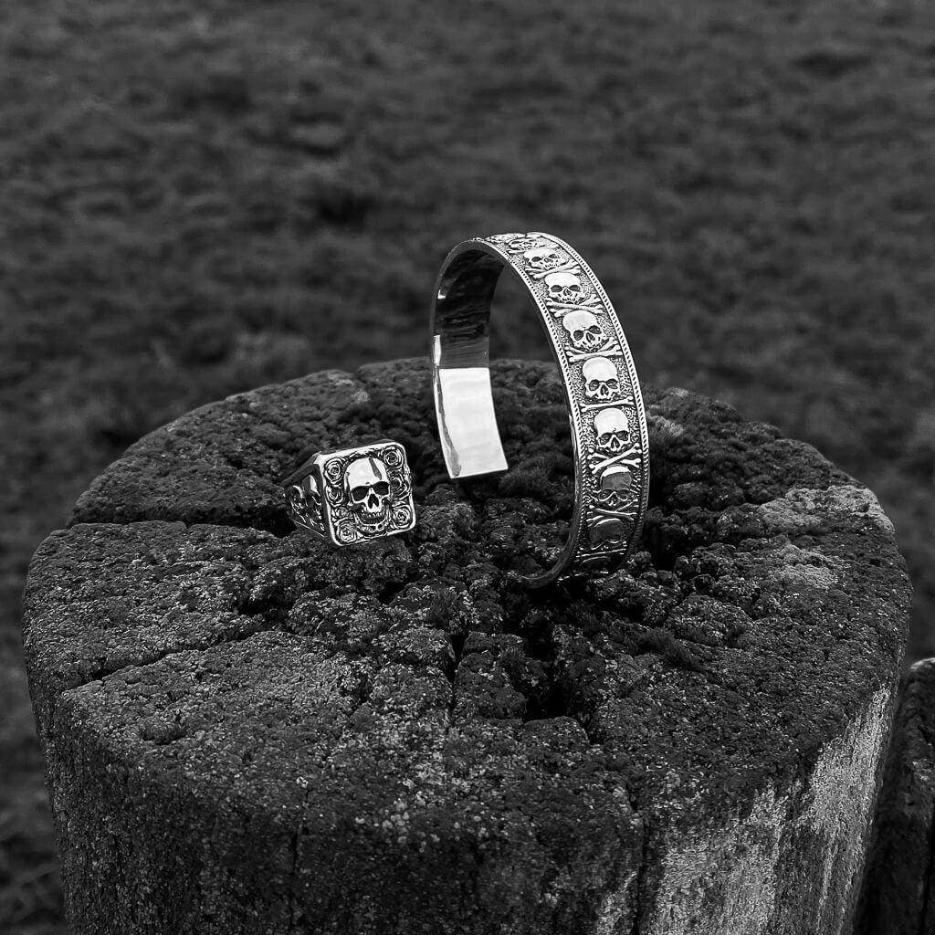 Skull with Bones Cuff Sterling Silver